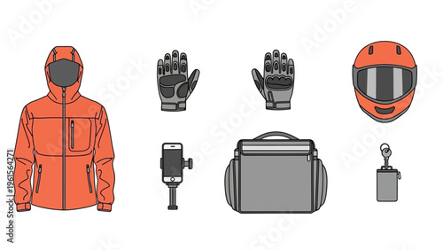 Collection of motorcycle riding gear and accessories including jacket, gloves, helmet, phone mount, and bag