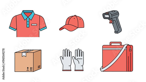 Delivery Service Icons Featuring Uniform, Package, and Equipment for Logistics and Courier Operations