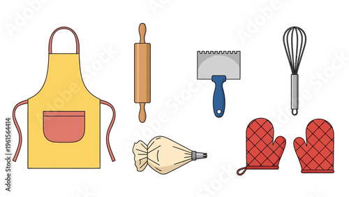 Collection of baking and cooking utensils including an apron, rolling pin, scraper, whisk, piping bag, and oven mitts, isolated on white background