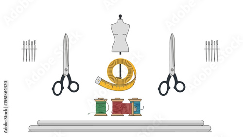Sewing kit with tailoring mannequin, measuring tape, scissors, and spools of thread, needles on white background