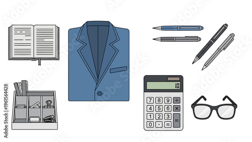 Collection of business essentials including a blazer, stationery, pens, calculator, eyeglasses, and an open notebook for office or professional use