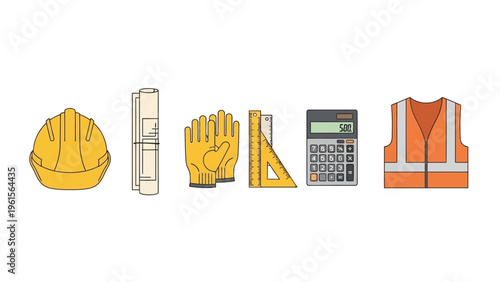 Construction safety gear and tools hard hat, blueprints, gloves, ruler, calculator, and vest