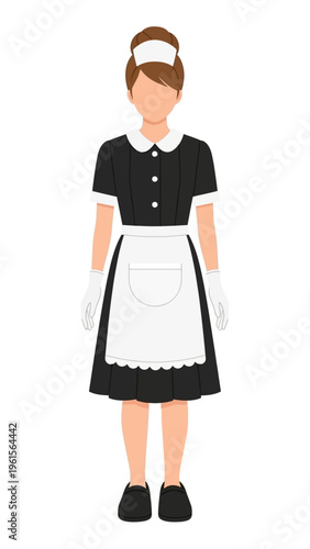 Domestic helper in uniform with apron and gloves, representing hospitality and cleaning services