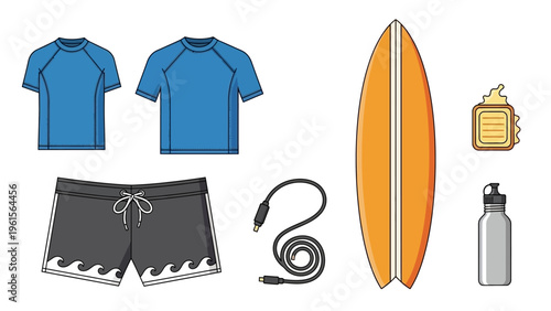 Summer beachwear and surfing accessories, including rash guard, swim trunks, surfboard, and sunscreen