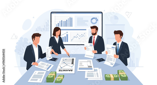 Business people discussing financial documents.