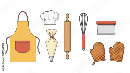 Baking and Cooking Utensils Collection Apron, Chef Hat, Piping Bag, Rolling Pin, Whisk, Spatula, and Oven Mitts