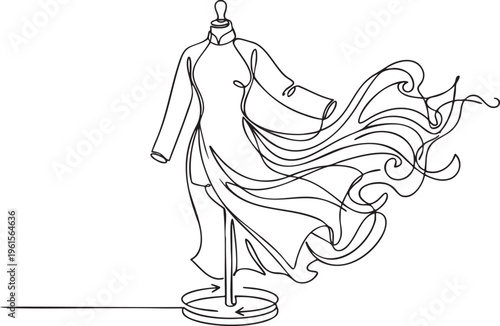 Continuous single black line drawing of Vietnamese modern Ao Dai on a rotating simple dummy with long flaps twisting in turbulent wind.