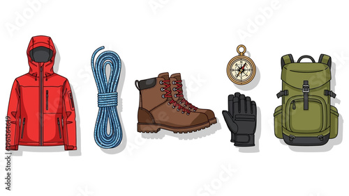 Outdoor adventure gear including a red jacket, blue rope, brown hiking boots, black gloves, compass, and green backpack on a white background