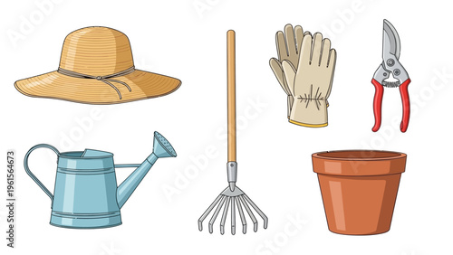 Gardening tools and accessories for planting and cultivation, including a watering can, rake, shears, hat, gloves, and pot
