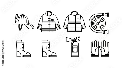 Collection of firefighter equipment and gear, including helmet, jacket, hose, boots, extinguisher, and gloves
