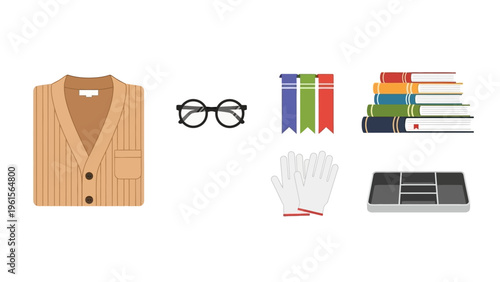 A Collection of Literary and Academic Accessories, Including a Cardigan, Glasses, Books, and Desk Supplies