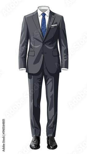 Formal business suit with a crisp white shirt and a blue tie, perfect for professional attire