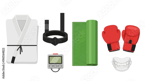 Collection of martial arts and boxing equipment including a gi, belt, timer, mat, gloves, and mouthguard