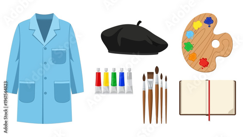 Artistic essentials including a lab coat, beret, paint tubes, brushes, palette, and an open sketchbook for creative endeavors and artistic expression