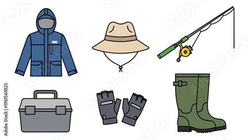 Collection of fishing gear icons, including jacket, hat, rod, tackle box, gloves, and boots