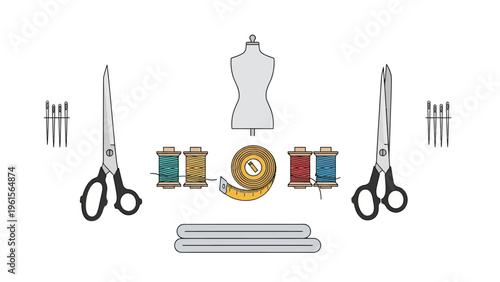 Sewing and tailoring tools including scissors, threads, needles, and a mannequin for dressmaking