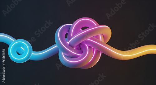 3D Render of Abstract Glowing Neon Tubes Intertwined Knot with Blue Pink Yellow Gradient