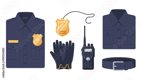 Collection of police uniform items including a shirt, badge, gloves, radio, and belt on a white background