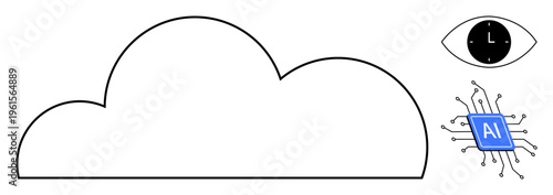 Artificial intelligence, cloud computing, surveillance, data analysis, technology innovation, futuristic design. Cloud shape with AI chip and eye icon. Artificial intelligence and cloud computing