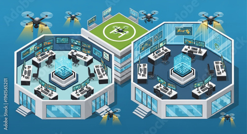 Isometric Drone Control Center - Advanced Technology and Surveillance Hub.