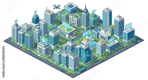 Isometric Cityscape Illustration - Modern Urban Planning and Sustainable Design.