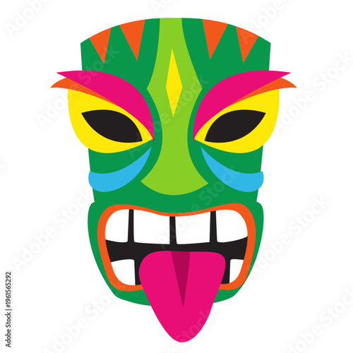 Funny tiki head illustration with tongue out, playful tropical character design