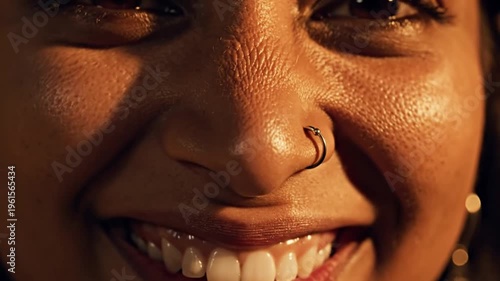 Smiling diverse woman with nose ring in warm light