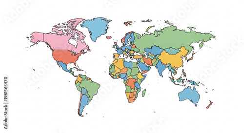 Vibrant world map with colorful countries on white background for global navigation and education purposes worldwide