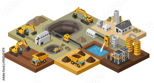 Isometric Mining Operation Illustration - Excavation, Processing, and Resource Extraction.