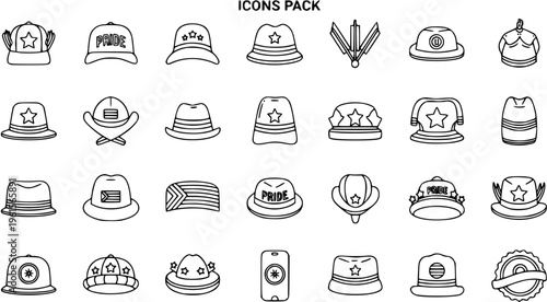 Hats and Caps Outline Icons Set. Vector collection of various headwear, including baseball caps, fedoras, cowboy hats, bucket hats, and themed designs with stars, flags, and 'Pride' text.