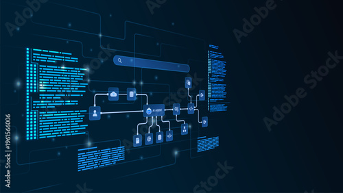 AI workflow automation artificial intelligence. ai agent automation system showing node user, processing, analytic, coding and process flow.