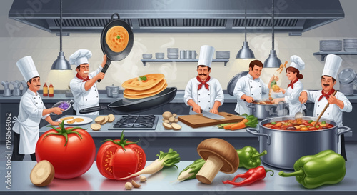 Chef preparing food in kitchen with vegetables.