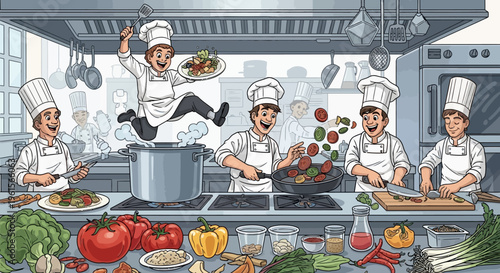 Chefs cooking in a kitchen.