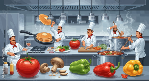 Chefs cooking with fresh vegetables kitchen.