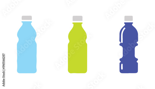 Collection of plastic packaging bottles for different types of liquid food.