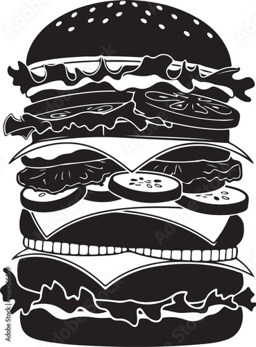 Illustration of a large stacked hamburger with many toppings