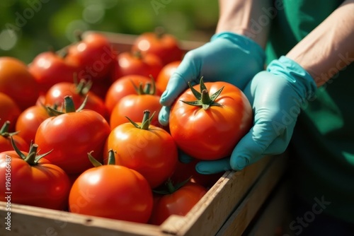 Gloved hands carefully selecting ripe tomatoes , anonymous, tomatoes, farm