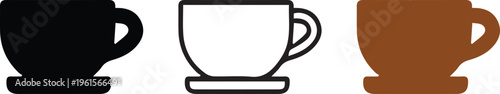 Set of coffee cup icons in different styles including black silhouette white outline and brown flat design with saucer