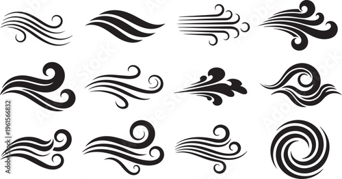 Collection of various swirling wind and wave design elements