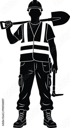 Silhouette illustration of construction worker wearing safety helmet, vest, cargo pants, and boots, holding shovel and pickaxe, symbolizing manual labor, industry, teamwork, and buil