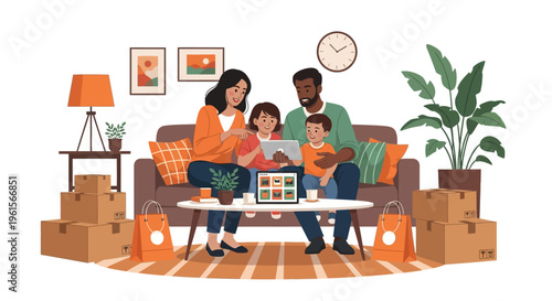 Family sitting on the couch together.