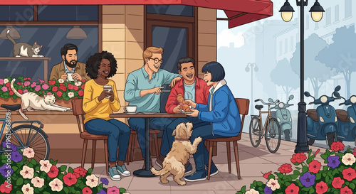 Group of friends with dog sitting.