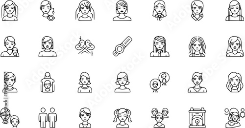 Diverse Women Portraits, Female Avatars, Family  Social Line Art Icon Set. Vector illustration of user profiles, communication, relationships, and human connections.