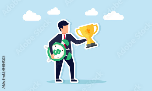Businessman carrying trophy and dollar alarm clock illustration of time and financial management discipline to achieve leading company status concept