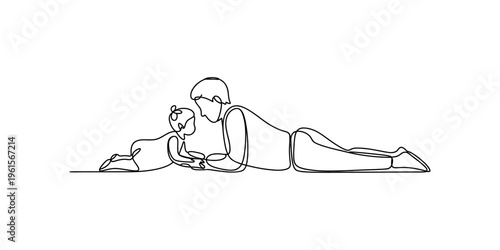 Continuous line drawing of a father and his young child lying down and facing each other