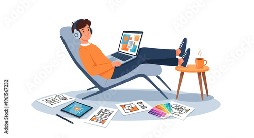 Man wearing headphones sitting on chair.