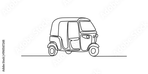Continuous line drawing of a traditional three wheeled auto rickshaw or tuk tuk vehicle