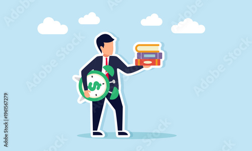 Businessman carrying books and dollar alarm clock illustration of time and financial management discipline to improve business literacy concept