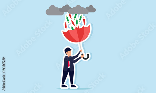 Businessman collecting falling candlestick charts from clouds with inverted umbrella illustration of taking profit during market crash or bearish trend concept
