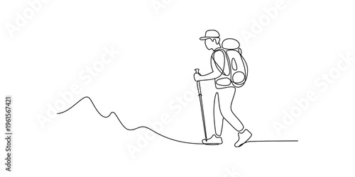Continuous line drawing of a hiker with a backpack and walking stick on a mountain trail.